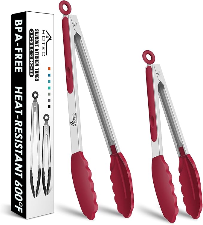 HOTEC Premium Stainless Steel Locking Kitchen Tongs with Silicon Tips, Set of 2-9" and 12"(Red) by Hotec