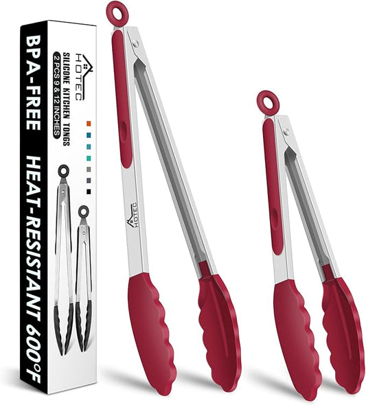 HOTEC Premium Stainless Steel Locking Kitchen Tongs with Silicon Tips, Set of 2-9" and 12"(Red) by Hotec