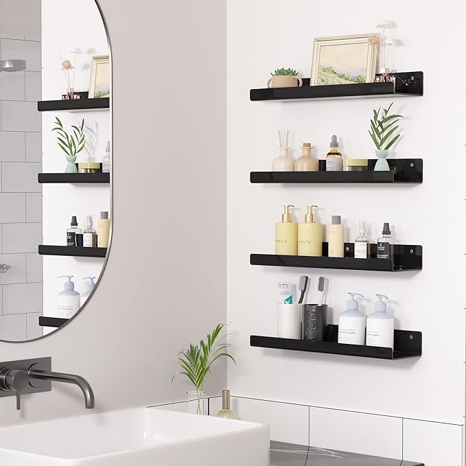upsimples Acrylic Shelves for Wall Decor, 15" Display Shelf Perfume Organizer for Bathroom, Bedroom, Living Room, Floating Bookshelves for Kids, Black, 4 Pack - Image 4