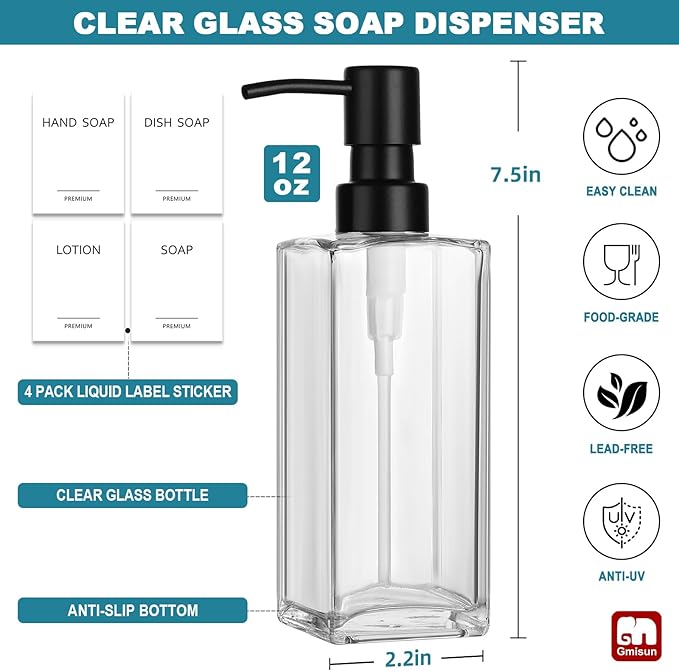 GMISUN Glass Soap Dispenser with Stainless Steel Pump, Clear Hand Soap Dispenser for Bathroom, 12 fl oz/350ml Hand and Dish Soap Dispensers Set for Kitchen, Refillable Liquid Soap and Lotion Bottle - Image 2