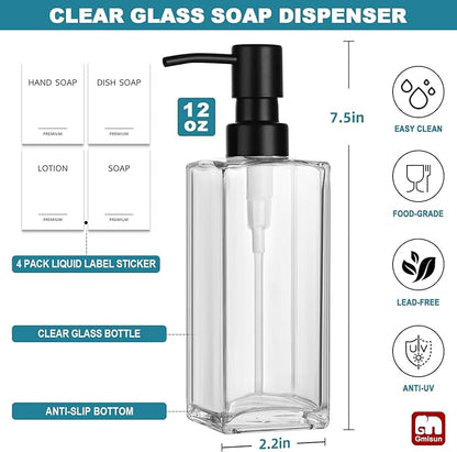 GMISUN Glass Soap Dispenser with Stainless Steel Pump, Clear Hand Soap Dispenser for Bathroom, 12 fl oz/350ml Hand and Dish Soap Dispensers Set for Kitchen, Refillable Liquid Soap and Lotion Bottle - Image 2