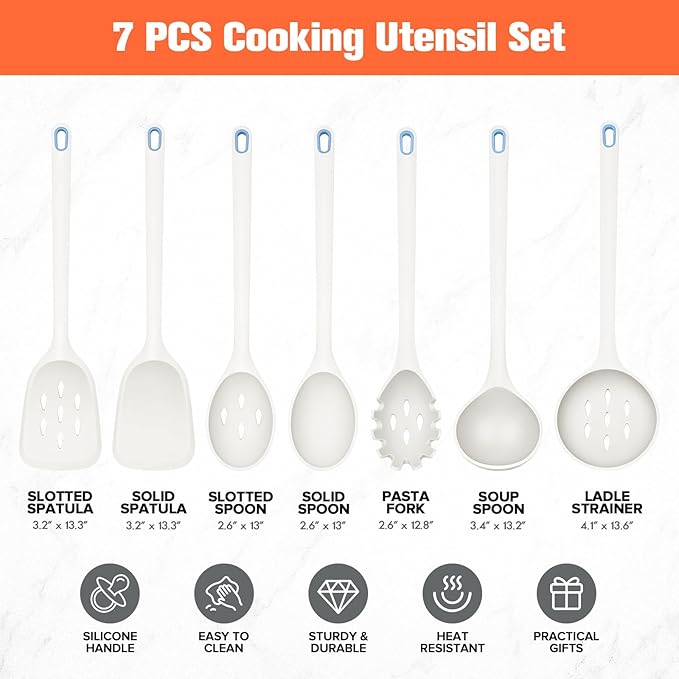 Large Silicone Utensils Set of 7 for Cooking,No Scratch for Nonstick Cookware,Pasta Server,Spaghetti Spoon,Slotted Spoon&Spatula,Solid Spoon&Spatula,Skimmer,Soup Ladle BPA Free Heat Resistant (White) - Image 6