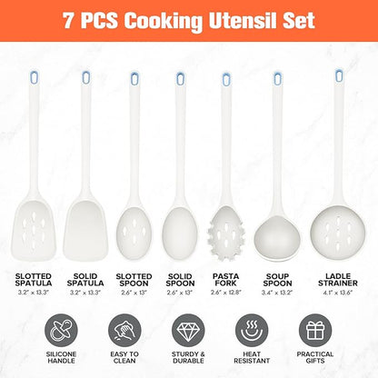Large Silicone Utensils Set of 7 for Cooking,No Scratch for Nonstick Cookware,Pasta Server,Spaghetti Spoon,Slotted Spoon&Spatula,Solid Spoon&Spatula,Skimmer,Soup Ladle BPA Free Heat Resistant (White) - Image 6
