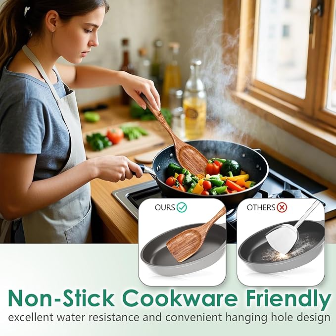 HOWHONG Wooden Spoons for Cooking, Teak Wood Kitchen Utensil Set, Premium Handmade Wooden Utensils for Nonstick Cookware, Heat Resistant, Smooth Finish, Comfortable Grip, 6 Piece - Image 4