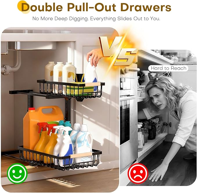 Under Sink Organizer, Heavy-Duty & Rust-Resistant Carbon Steel Metal, 2 Tier Pull Out Under Bathroom Sink Storage, Adjustable Height (13.8" -16.9"), Organizer for Kitchen Cabinet(2PCS,Black) - Image 5