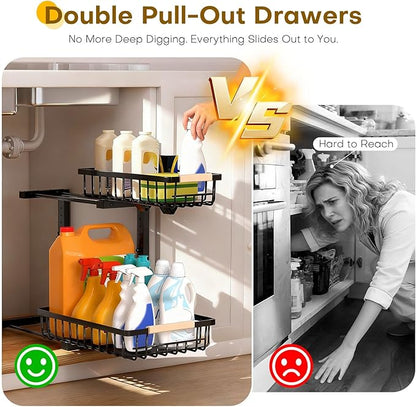 Under Sink Organizer, Heavy-Duty & Rust-Resistant Carbon Steel Metal, 2 Tier Pull Out Under Bathroom Sink Storage, Adjustable Height (13.8" -16.9"), Organizer for Kitchen Cabinet(2PCS,Black) - Image 5