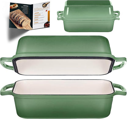 11x5 Inch Cast Iron Bread Pan with Lid, Large Loaf Pans for Sourdough Bread Baking, Even Heat Distribution Dutch Oven Loaf Pan for Homemade Bread, Meatloaf (5.8Qt, Pistachio)