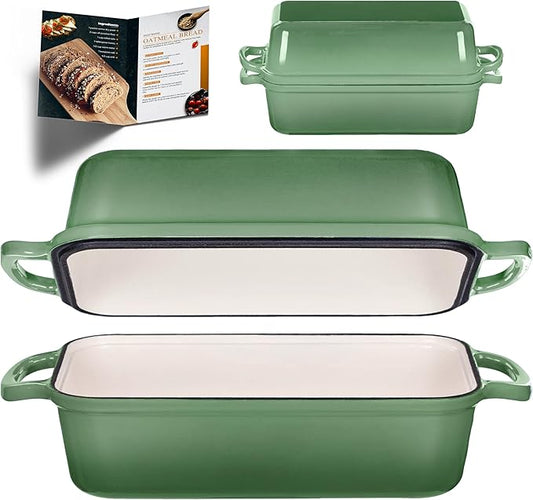 11x5 Inch Cast Iron Bread Pan with Lid, Large Loaf Pans for Sourdough Bread Baking, Even Heat Distribution Dutch Oven Loaf Pan for Homemade Bread, Meatloaf (5.8Qt, Pistachio)