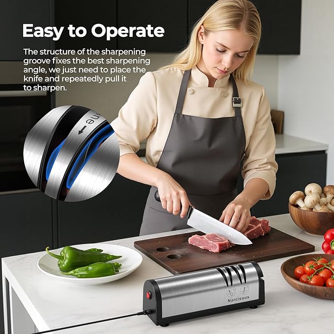 Narcissus Knife Sharpener, Professional 2 Stage Electric Knife Sharpener for Quick Sharpening & Polishing, with Scissors Sharpener and Metal Dust Collection Box, Stainless Steel, Silver - Image 6