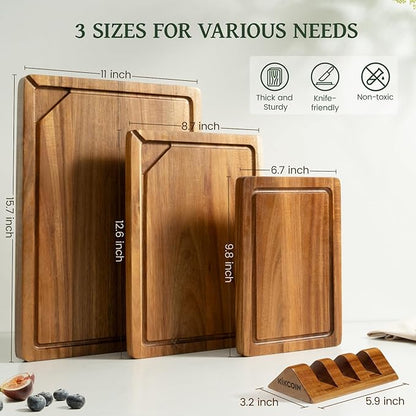 Kikcoin Acacia Wood Cutting Boards for Kitchen, 3 PCS Wooden Cutting Board Set with Holder, Chopping Board with Compartments and Juice Groove, Solid Charcuterie Boards Serving Tray Wood Butcher Block - Image 2