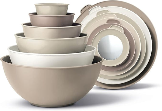 COOK WITH COLOR Mixing Bowls with TPR Lids - 12 Piece Plastic Nesting Bowls Set includes 6 Prep Bowls and 6 Lids, Microwave Safe (Brown) by CookwithColor