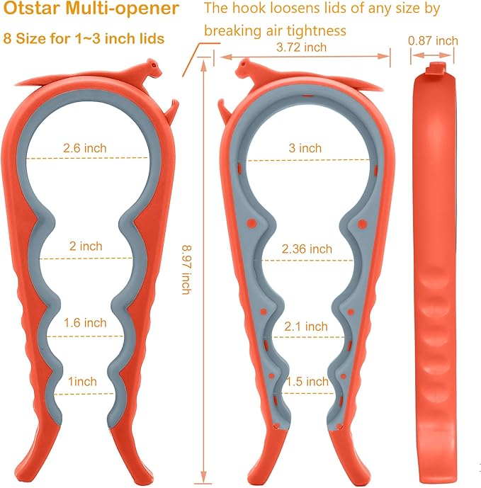 Otstar Jar Opener Bottle Opener and Can Opener for Weak hands, Seniors with Arthritis and Anyone with Low Strength, Mutil Jar Opener Get Lids Off Easily (Orange) - Image 2