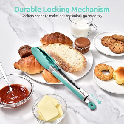 600ºF Heat Resistant Kitchen Tongs: U-Taste 9 inch Silicone Cooking Tong with Firm Sealed Non Stick Rubber Tips & Silicon Coated 18/8 Stainless Steel Handle & Smooth Locking for Serving Salad-Aqua Sky - Image 7