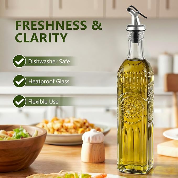 WERTIOO 4 Pack Olive Oil Dispenser Bottle for Kitchen,17oz Clear Glass Cooking Olive Oil and Vinegar Dispenser with Funnel, Delicately Engraved Glass Bottles for Kitchen - Image 5