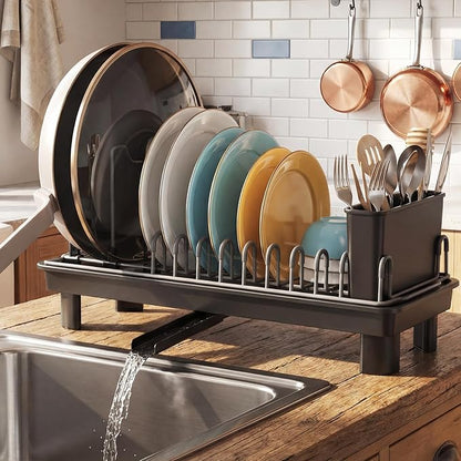Small Dish Drying Rack Carbon Steel Dish Rack Rustproof for Kitchen Counter Compact Dish Drainer with Adjustable Slots for Small Kitchens & Apartments 16.5×6.5×7inch Black by Nfnoyp