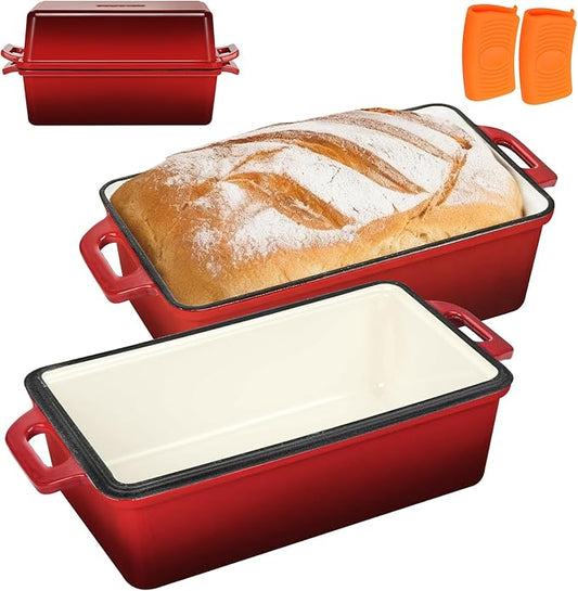Wildone Enameled Cast Iron Bread Loaf Pan with Lid, 9x5 Sourdough Baking Pans for Homemade Bread, Cake, Meatloaf, Even Heating Bread Pans, 2-Piece Set, Red