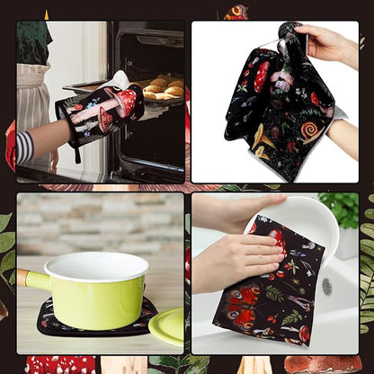 Bencailor 6 Pcs Mushroom Kitchen Towels Oven Mitts and Pot Holders Set Decorative Dish Towels Tea Washcloth Non Slip Heat Resistant Oven Gloves for Summer Home Cooking Baking, Red - Image 6