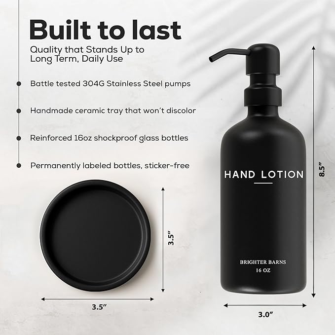 Black Glass Lotion Dispenser with Pump by Brighter Barns - Hand Lotion Dispenser Bathroom Set & Tray - Modern Bathroom Decor in Airbnb, Apartment Rental Properties, Guest House, Hotel Lobby (Black) - Image 3