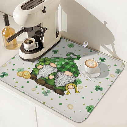 St Patrick's Day Gnome Dish Drying Mat for Kitchen Counter,Inch Lucky Shamrock Gold Coin Drying Mat 16 x 18 Inch with Absorbent Reversible Microfiber Dish Drying Pad for Coffee Bar - Image 7