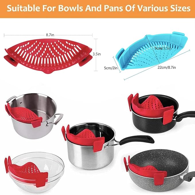 2 Pcs Clip on Strainers, Pot Strainer for Pasta Meat Vegetables Fruit, Silicone Strainer - Fit All Pots and Bowls. - Image 3