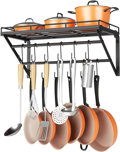 OROPY 23 Inch Wall Mounted Pot Rack Storage Shelf with 2 Tier Hanging Rails 12 S Hooks included, Ideal for Pans, Utensils, Cookware, Plant Black by OROPY