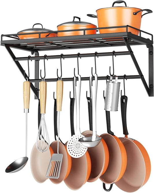 OROPY 23 Inch Wall Mounted Pot Rack Storage Shelf with 2 Tier Hanging Rails 12 S Hooks included, Ideal for Pans, Utensils, Cookware, Plant Black by OROPY