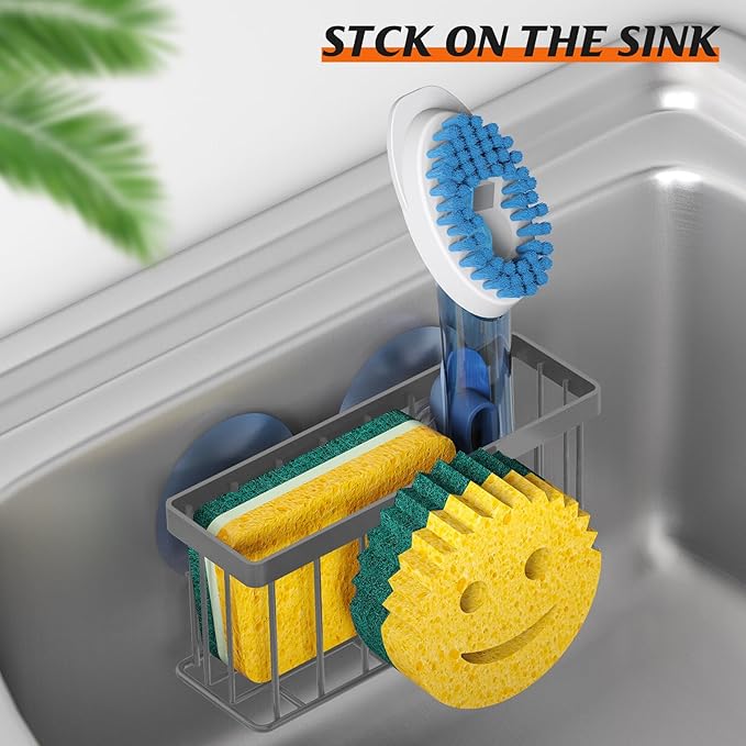 MURLONG Sponge Holder Smiley Face,Sink Caddy for Kitchen Sink,Sponge Holder with 2 PCS Suction Cups/1 PCS Adhesive Strips,Designed for Sponge,Soap,Dish Brush,Scrubber-Charcoal Gray - Image 5