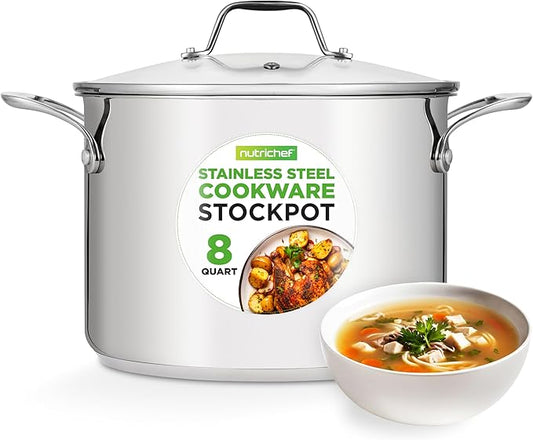 NutriChef 8-Quart Stainless Steel Stock Pot - 18/8 Food Grade Stainless Steel Heavy Duty Induction - Stock Pot, Stew Pot, Simmering Pot with See-Through Lid, Dishwasher Safe - NCSP8 by NutriChef%E2%84%A2Kitchen