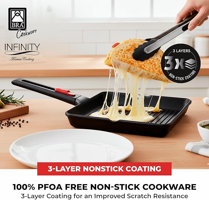 BRA COOKWARE Infinity Nonstick Ribbed Grill Pan (11x11 Inch) | Cast Aluminum Searing Skillet | Removable Handle | PFOA/PFAS Free Square Griddle | All Cooktops (incl Induction) Grilling Skillet