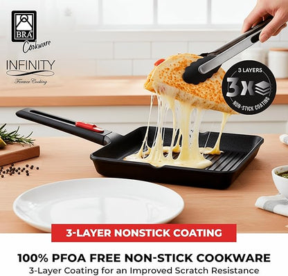 BRA COOKWARE Infinity Nonstick Ribbed Grill Pan (11x11 Inch) | Cast Aluminum Searing Skillet | Removable Handle | PFOA/PFAS Free Square Griddle | All Cooktops (incl Induction) Grilling Skillet