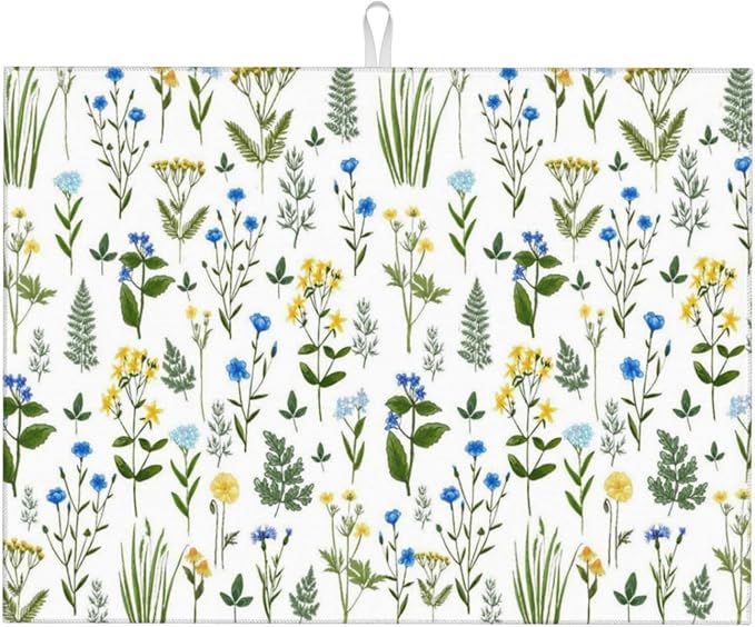 Blue Yellow Wildflower Dish Drying Mats for Kitchen Counter, Vintage Botanic Fern Leaves Floral Kitchen Drainer Pad, 18" x 24" Absorbent Microfiber Washable Reusable Dish Draining Mats, Home Decor