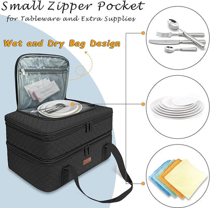Quilted Double Decker Casserole Carrier - Expandable Dish Carrying Case for Hot or Cold Food, Lasagna Holder for Potluck Parties, Picnic, Beach, Fits 9"×13" Baking Dish (Black)