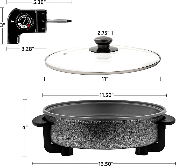 OVENTE 11.5-Inch Electric Skillet & Frying Pan, 1400W Nonstick Cooking Pan with Adjustable Temperature Control, Tempered Glass Lid with Steam Vent, Cool-Touch Handles, Easy-Clean Black SK11112B - Image 6