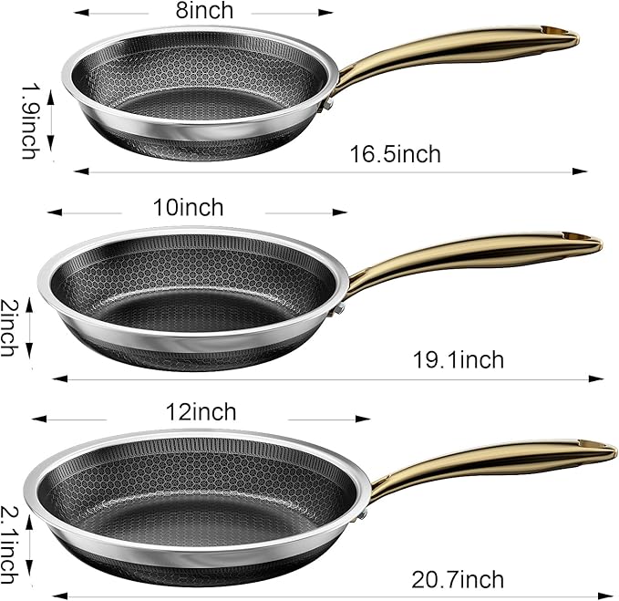 FogDream 8, 10, 12" Stainless Steel Frying Pan, Honeycomb Hybrid Nonstick Skillet for Induction & All Cooktops, PFAS/PFOA/PTFE Free, Oven Safe to 500°F, Stay-Cool Handle, Dishwasher Safe, Gold - Image 5