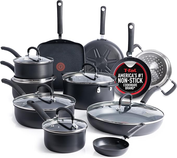 T-Fal Ultimate Hard Anodized Nonstick Pots and Pans Set 17 Piece, Nonstick Cookware Set with Fry Pan, Saucepans, Saute-Pan, Griddle, Dishwasher Safe, Onyx by T-falbrand