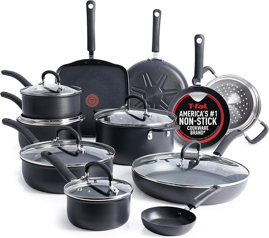 T-Fal Ultimate Hard Anodized Nonstick Pots and Pans Set 17 Piece, Nonstick Cookware Set with Fry Pan, Saucepans, Saute-Pan, Griddle, Dishwasher Safe, Onyx by T-falbrand