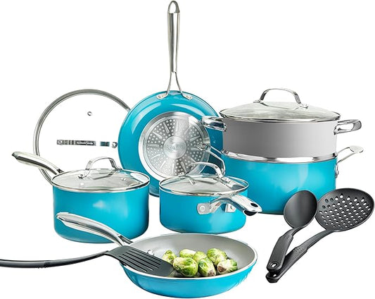 GOTHAM STEEL 15 Pc Ceramic Cookware Set, Ceramic Pots and Pans Set Non Stick with Cooking Utensils and Steamer, Non Toxic PFOA PFOS Free, Premium Stay Cool Handles, Oven & Dishwasher Safe, Blue by GothamSteel