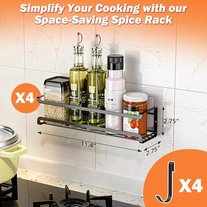 Bunoxea Spice Rack Wall Mounted 4 Pack,Space-Saving Spice Organizer for Spice Jars and Seasonings,Screw or Adhesive Hanging Spice Rack Organizer for Your Kitchen Cabinet,Pantry Door,11.41x2.75x2.75in - Image 7