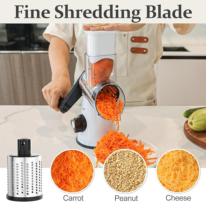 Cambom Rotary Cheese Grater Hand Crank Cheese Shredder for Fresh Cheese, Vegetable, Nuts,Non-slip Suction Base, Free Cleaning Brush Three Blades, White and Black - Image 4