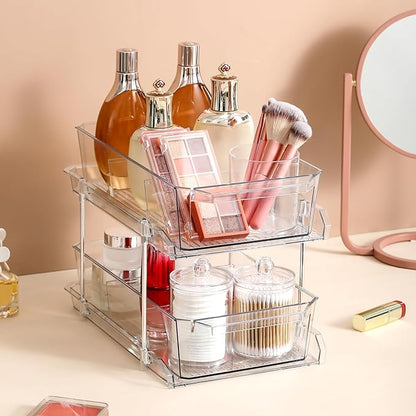 2 Set, 2 Tier Clear Organizer with Dividers for Cabinet, Shlef, Counter - MultiUse Slide-Out Storage Container - Kitchen, Pantry, Medicine Cupboard Bins, Bathroom, Vanity Makeup, Under Sink Organizing - Image 7