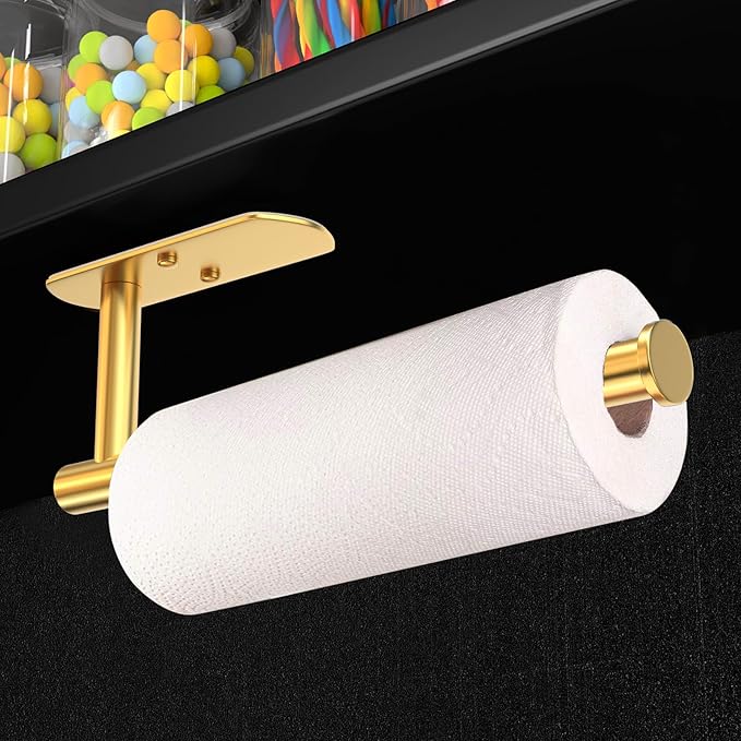 VAEHOLD Adhesive Paper Towel Holder Under Cabinet Wall Mount for Kitchen Paper Towel, Paper Towel Roll Holder Stick to Wall, Stainless Steel (Gold) - Image 2
