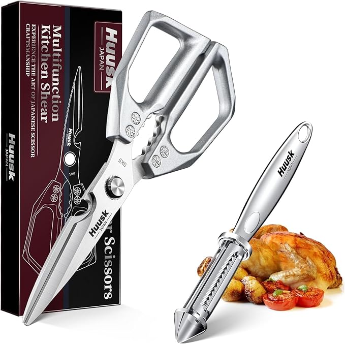 Huusk Kitchen Scissors and Potato Peelers Set, Multifunction Japanese Vegetable Peeler for Kitchen, Stainless Steel Cooking Shears with Fruit Peeler for Carrot, Veggie, Gifts for Women by HuuskKnife