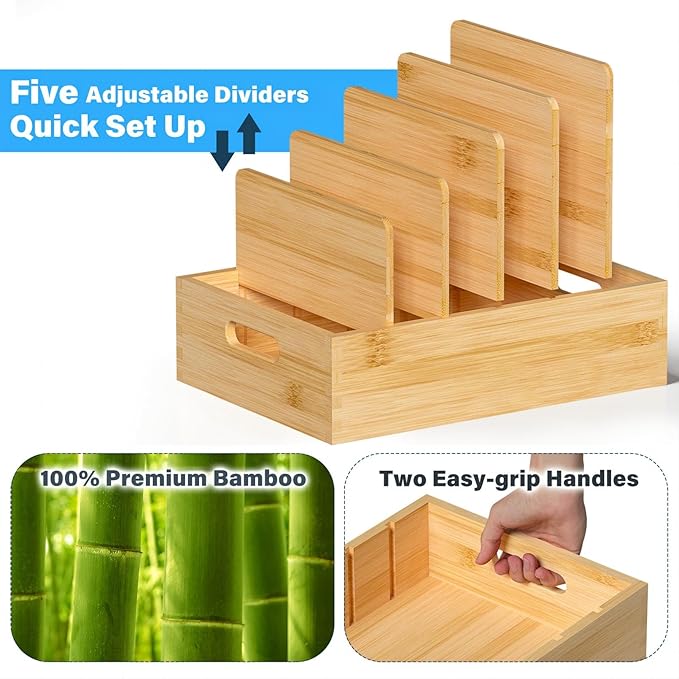 Kiasthome Bamboo Lid Organizers Inside Cabine, Kitchen Cabinet Organizer with 5 Adjustable Dividers, Food Container Plastic Holders for Drawer Pantry, Nature - Image 5