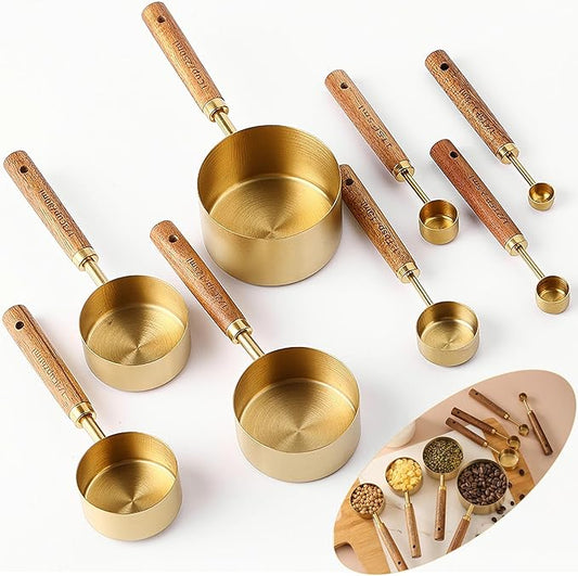 8Pcs Measuring Cups and Spoons Set - Golden Stainless Steel Measuring Cups with Wooden Handle, Metal Measuring Spoons Set Nesting Kitchen Measure Set for Kitchen/Food/Baking (8Pcs Wooden Handle) by YUZI