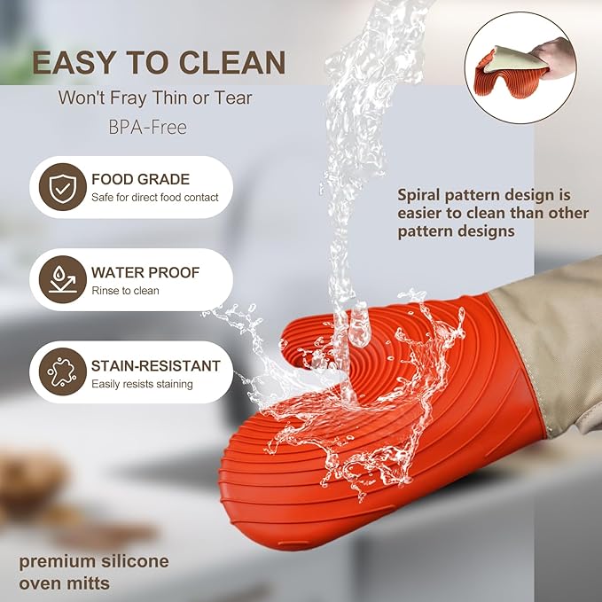 Silicone Oven Mitts-13.6 in Extended Oven Mitts Heat Resistant 500F, Oven Gloves with Soft Liner Good Grippy BPA-Free Easy to Clean Flexible-Oven Mits Set for Cooking Baking Grilling BBQ - Image 7