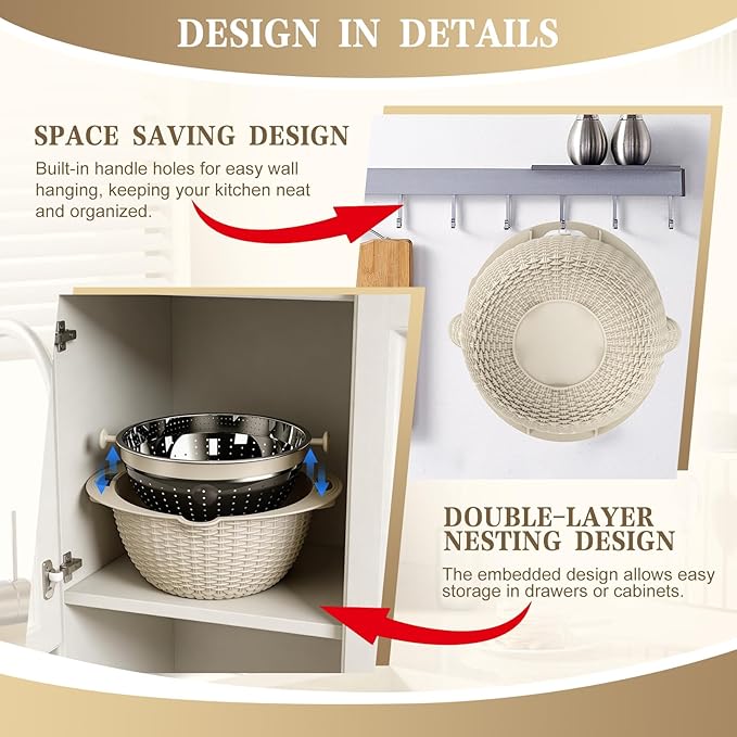 4-1 Colander with Bowl Set - Rotatable Colander for Kitchen (Patented), Upgraded Graters Food Strainers for Pasta Fruits and Vegetables, Funny Presents for Women, Aesthetic Kitchen Gadget - Beige - Image 7