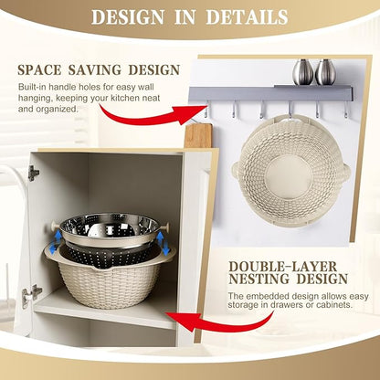 4-1 Colander with Bowl Set - Rotatable Colander for Kitchen (Patented), Upgraded Graters Food Strainers for Pasta Fruits and Vegetables, Funny Presents for Women, Aesthetic Kitchen Gadget - Beige - Image 7