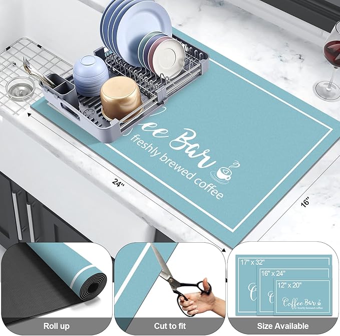 Findosom Dish Drying Mat, 16"x 24" Super Absorbent & Hide Stain Coffee Mat, Cuttable Drying Mat for Kitchen Counter, Coffee Bar Accessories, Under Dish Rack, Coffee Maker, Espresso Machine, Blue - Image 2