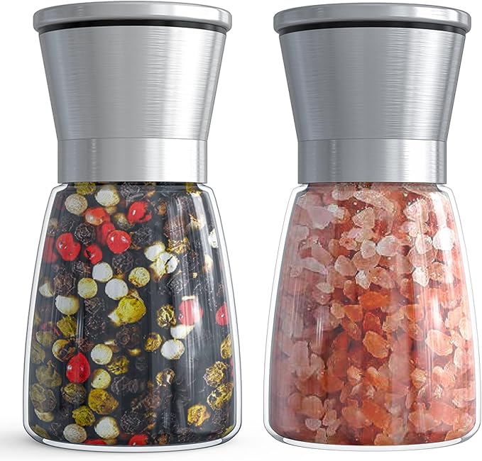 Ebaco Salt and Pepper Grinder Set - Refillable Grinder Adjustable Coarseness of Pepper Salt Spice Stainless Steel Mills Glass 6oz（2 Pack） by Ebaco