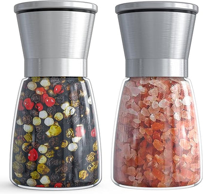 Ebaco Salt and Pepper Grinder Set - Refillable Grinder Adjustable Coarseness of Pepper Salt Spice Stainless Steel Mills Glass 6oz（2 Pack） by Ebaco